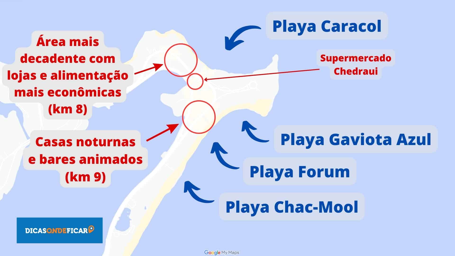 Mapa Praias e Compras no Centrinho Turístico de Cancún