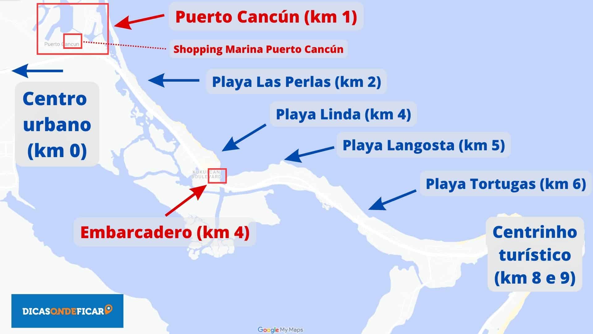 Mapa Zona Hoteleira Cancún km 1 a 7