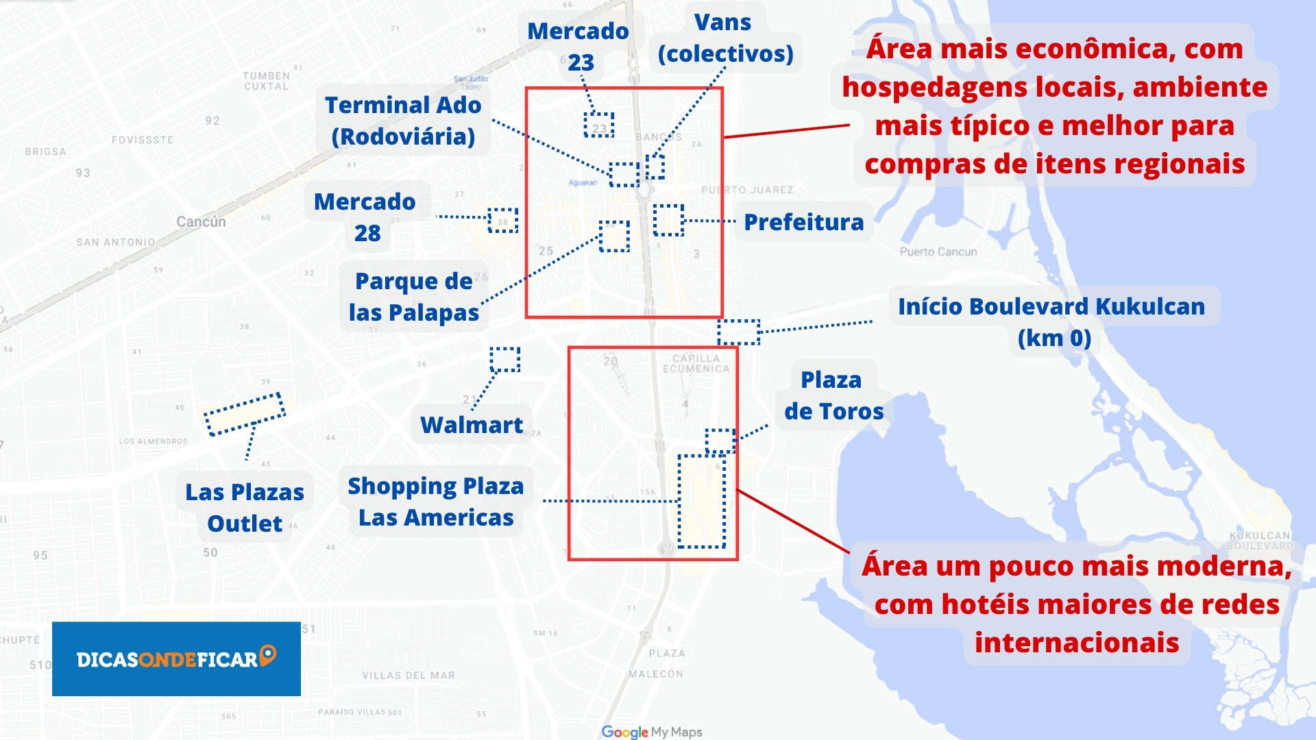 Mapa Atrações e Compras Centro Urbano Cancún