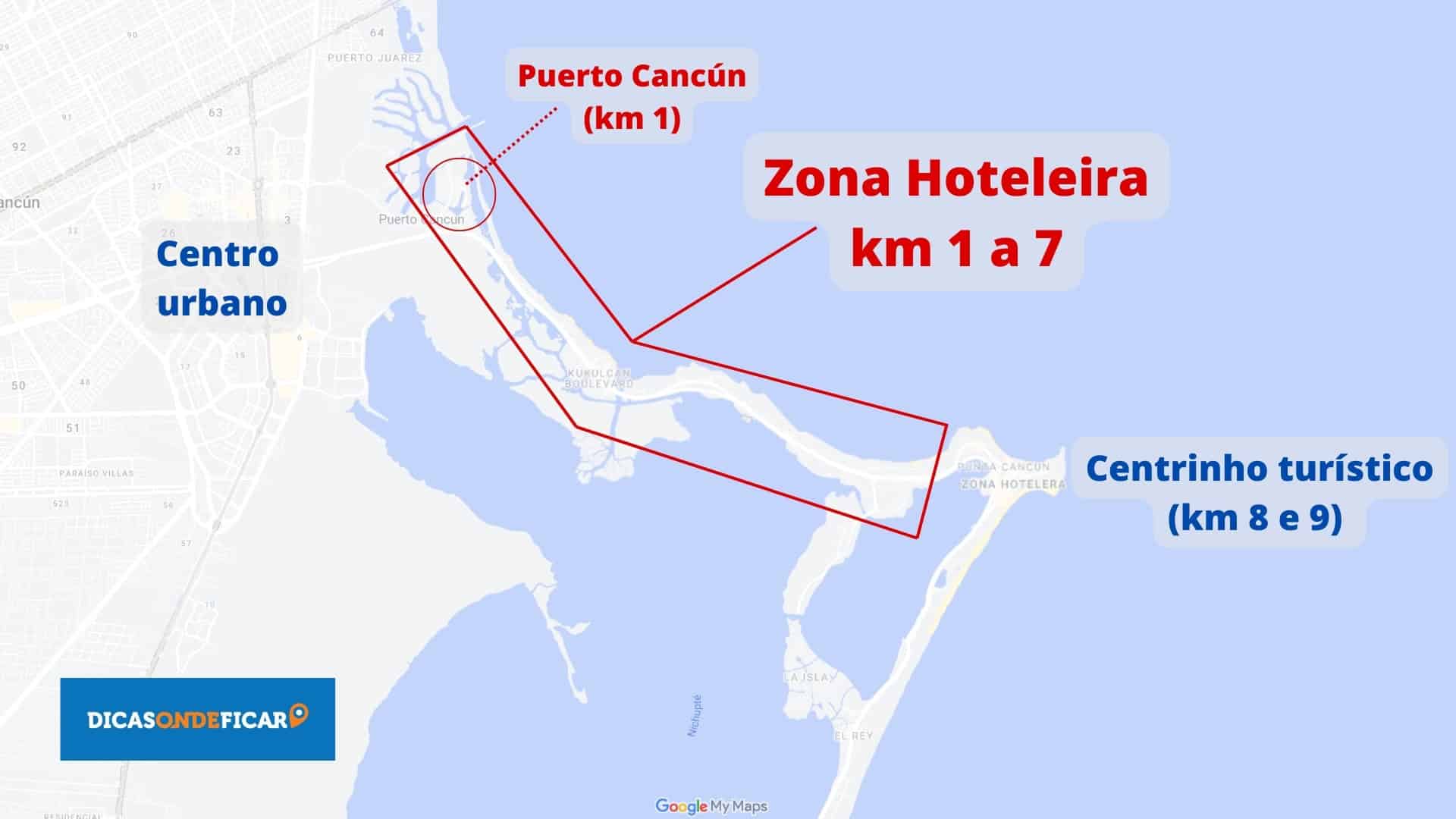 Mapa Localização Zona Hoteleira Cancún km 1 a 7