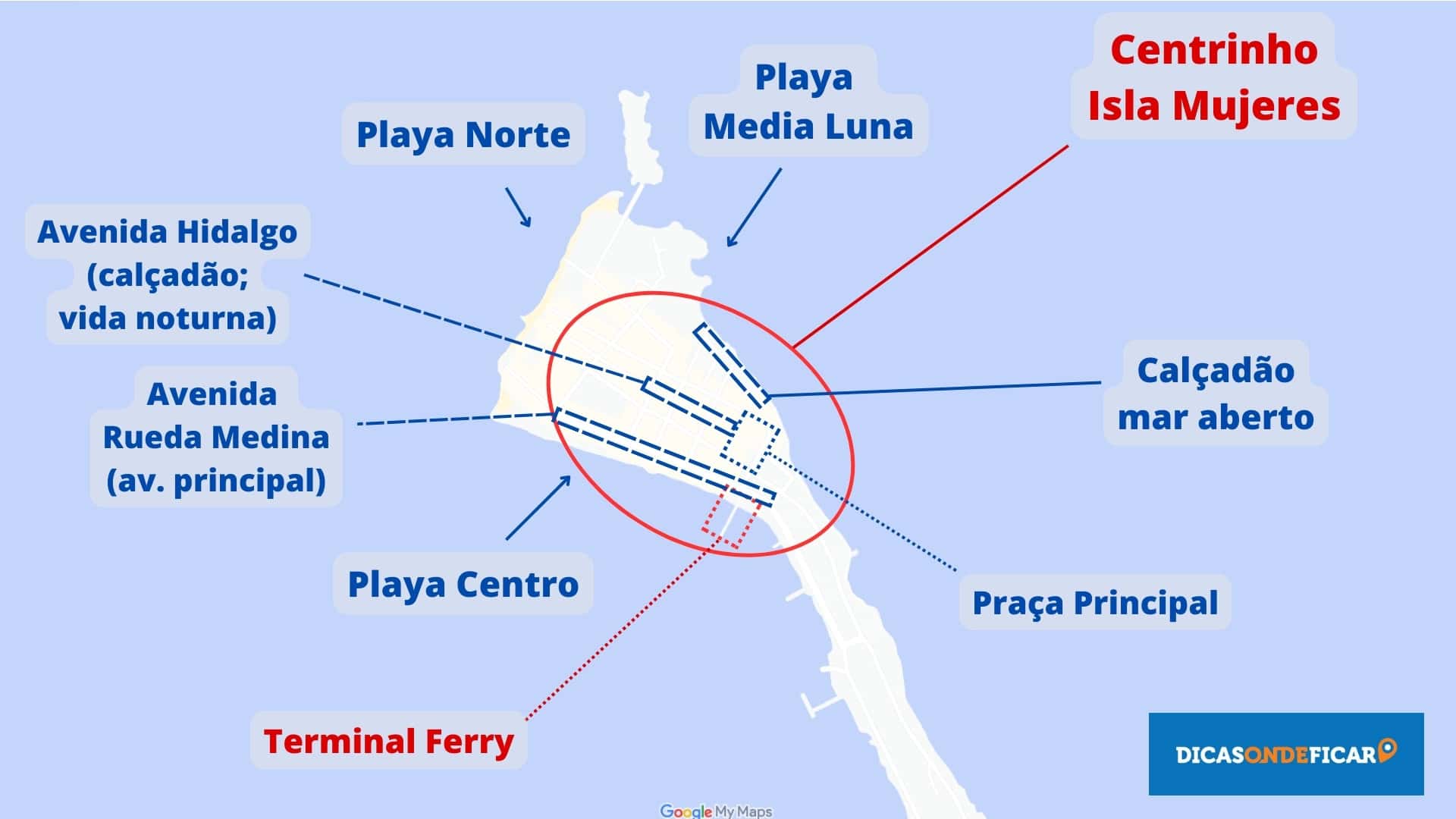 Mapa Praias e Atrações Centrinho Isla Mujeres