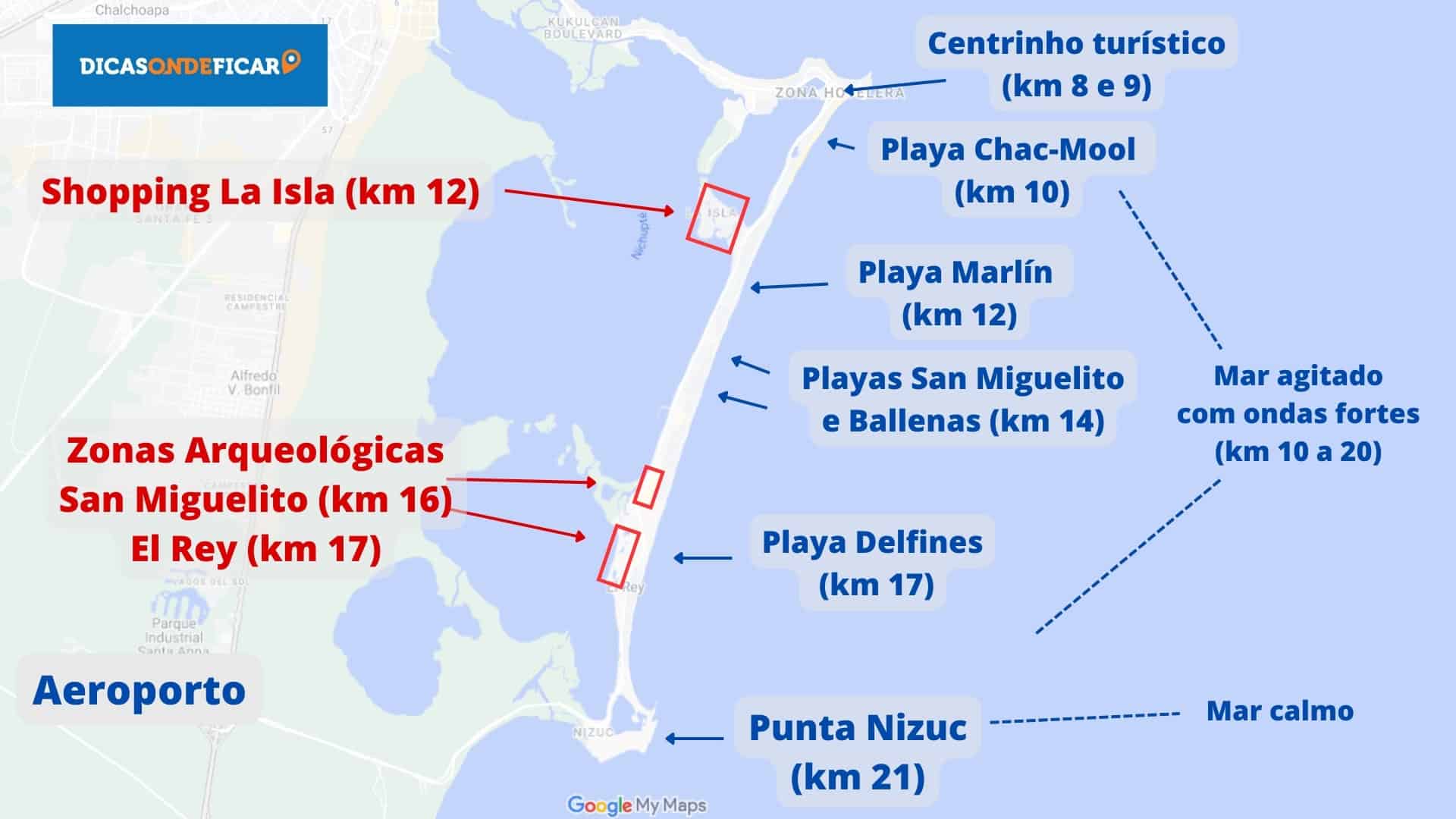 Mapa Praias e Compras Zona Hoteleira Cancún km 10 a 21