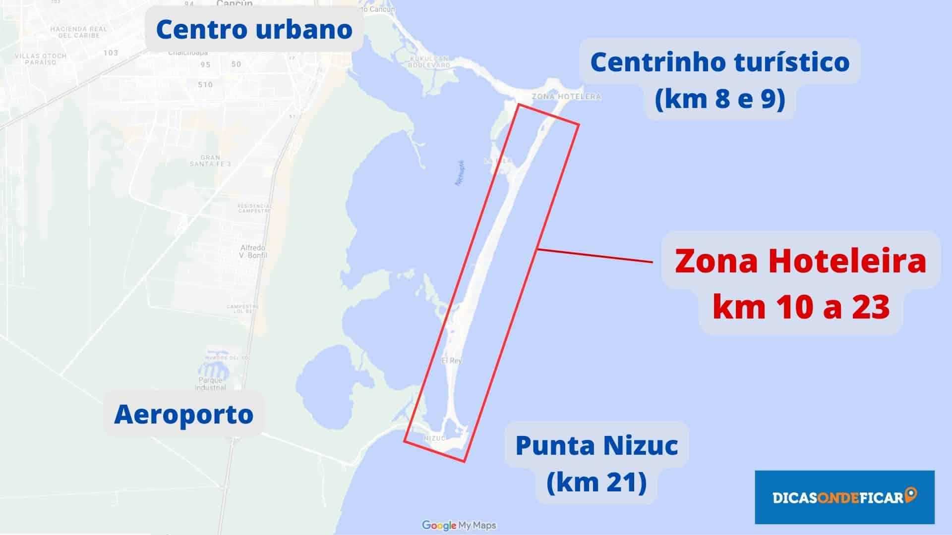 Mapa Zona Hoteleira de Cancún km 10 a 21